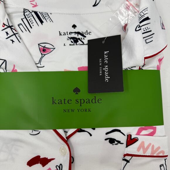 NWT Kate Spade NY 2 Pc Pajama Set L NYC Print Hearts Red Trim Cozy Loungewear - Picture 5 of 8